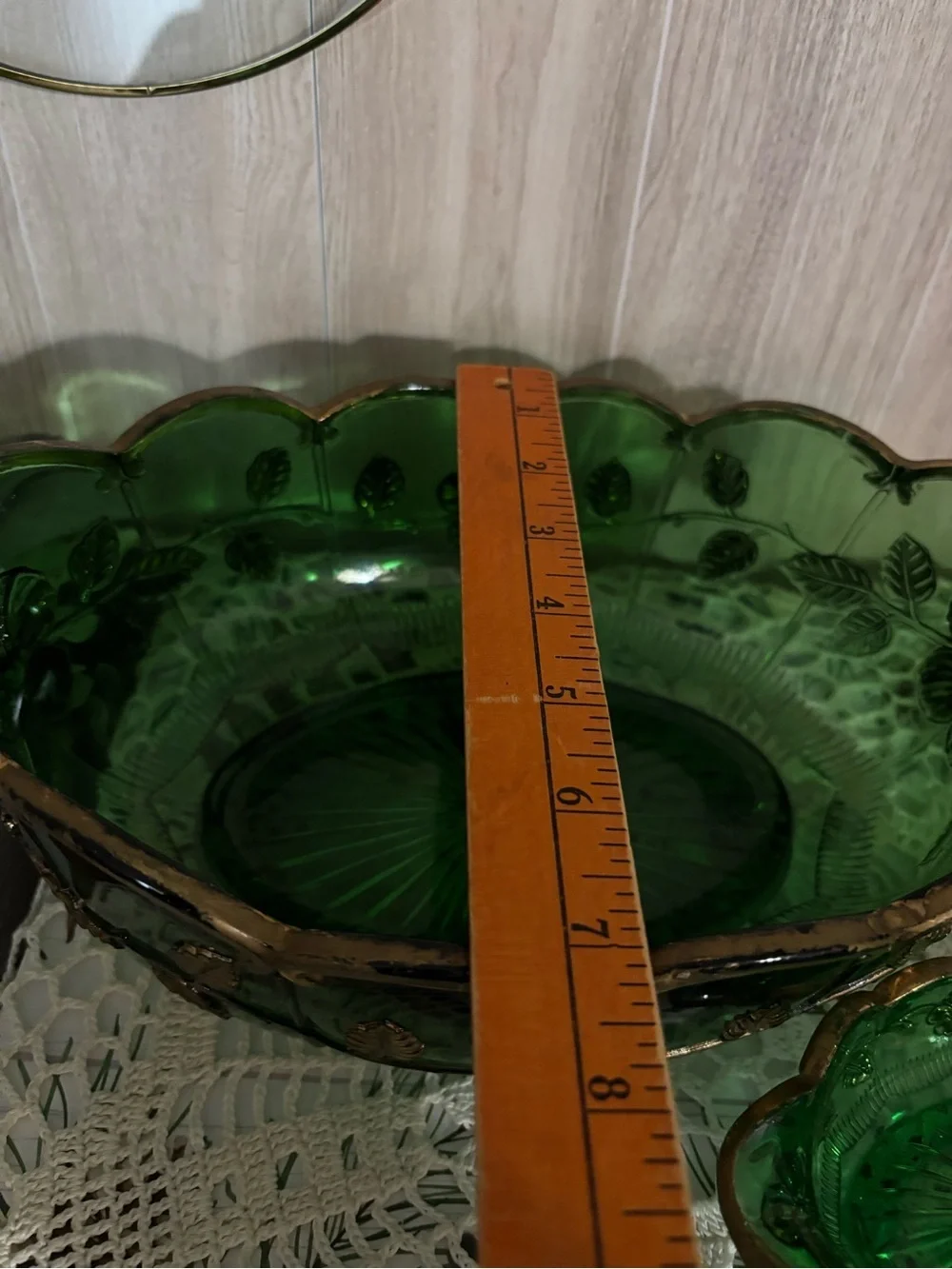 Vintage Emerald Green Glass Bowl Set with Elegant Gold Floral Metal Overlay
